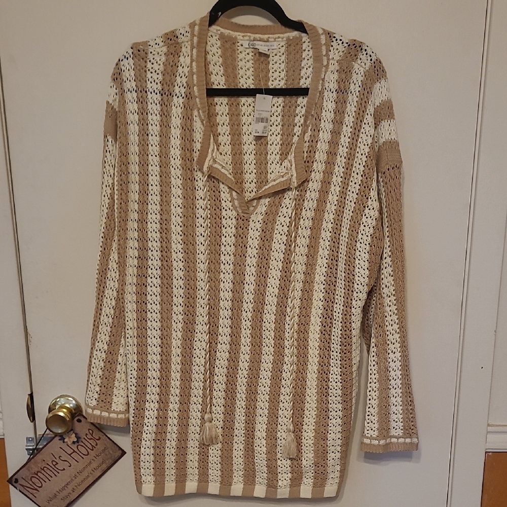 Cato Cream and Tan V-Neck Sweater - Picture 1 of 7